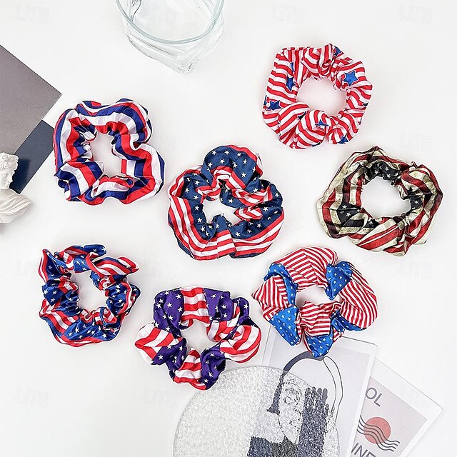  Set de 7 accesorii de păr patriotice - scrunchies vibrante cu steag american & bentita pentru cap - satin rezistent pentru sarbatorirea Zilei Independentei - eleganta & blând cu părul