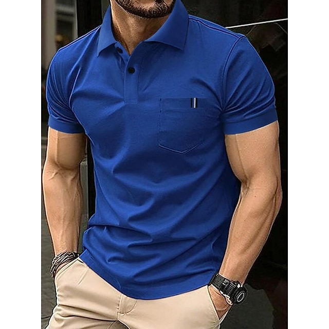  Men's Golf Shirt Casual Holiday Ribbed Polo Collar Short Sleeve Fashion Basic Solid Color Patchwork Pocket Summer Regular Fit Light Blue Black White Yellow Royal Blue Golf Shirt