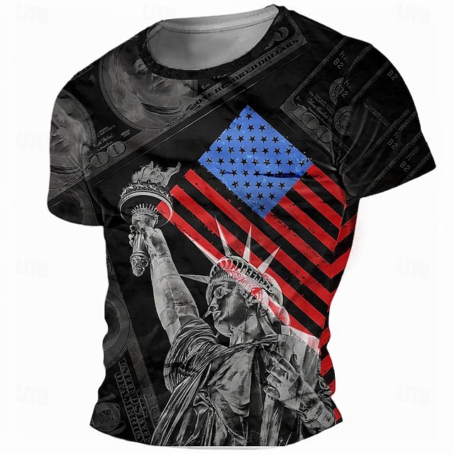  Amerikanska amerikanska flaggan Frihetsgudinnan Fackla Mode Fritids- Herr 3D-tryck T-shirt Gata Utomhussport Festival Amerikanska självständighetsdagen T-shirt Svart Rund hals Skjorta Sommar Vår