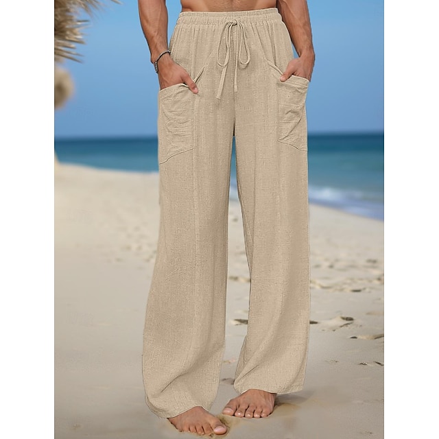 Men's Linen Pants Trousers Summer Pants Drawstring Elastic Waist ...