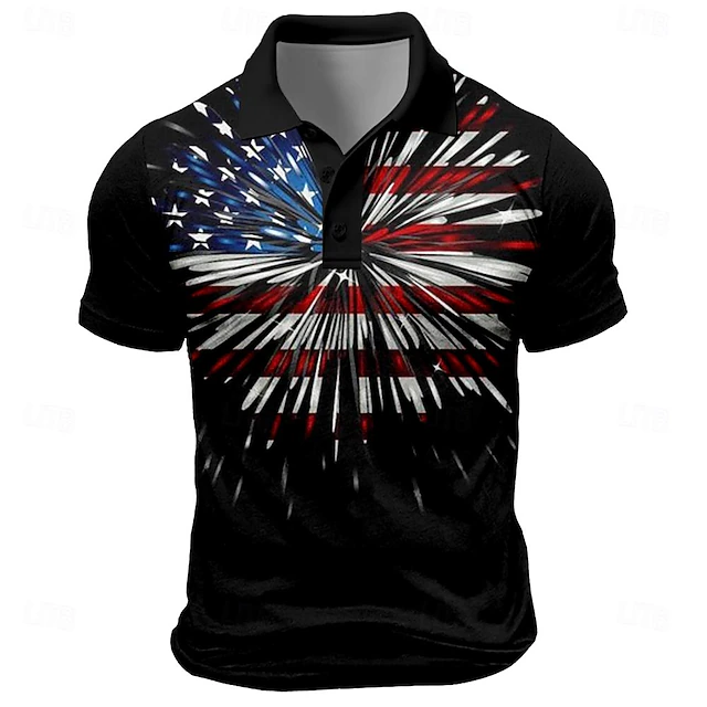 American Independence Day Men's American Flag Veterans Polo Shirts Golf Shirt Short Sleeve Polo Shirts Collared Shirts Streetwear Vacation Wear Party Outfits Buttons 3D Print Spring & Summer Black4