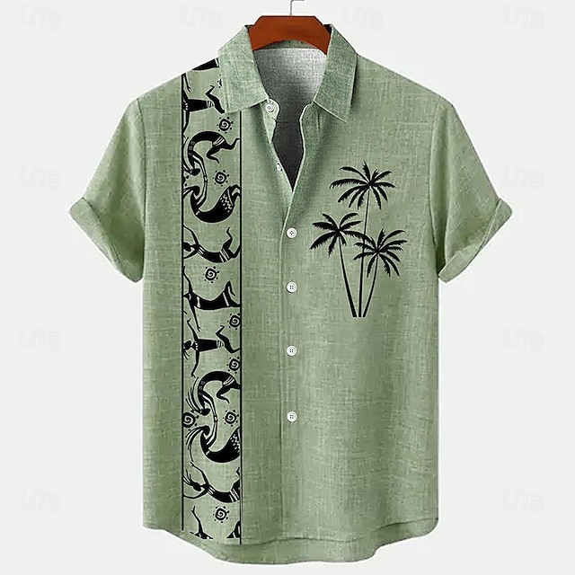  Men's 18.6% Linen 63.2% Polyester 18.2% Cellulose Fiber Recycled Fiber Linen Shirt Coconut Tree Graphic Prints Print Short Sleeve Stand Collar Blue, Brown, Green Shirt Outdoor Street Casual