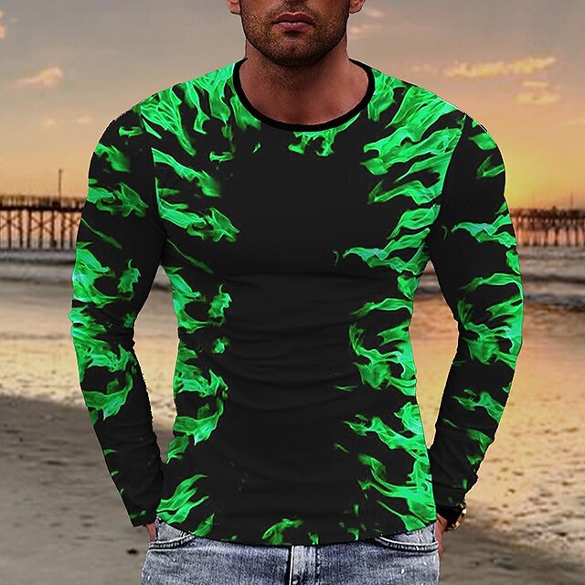 Men's Geometric Flame T Shirt Long Sleeve T shirt 3D Print Shirt Fashion Exaggerated Designer Vacation Street Sports Black / Green Summer Spring Clothing Apparel S M L XL XXL XXXL4