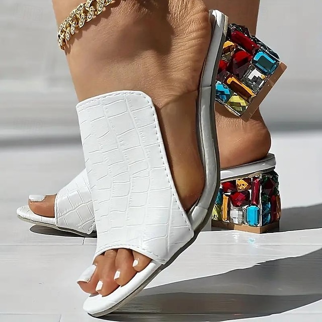  sandali bianchi da donna con punta aperta e stampa coccodrillo – eleganti tacchi a blocco slip-on con decorazioni in strass colorati per feste ed estate