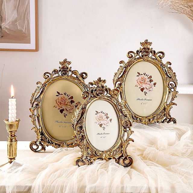  Ретро золотая овальная кружевная декоративная фоторамка из смолы, антикварная и элегантная настольная декоративная рамка