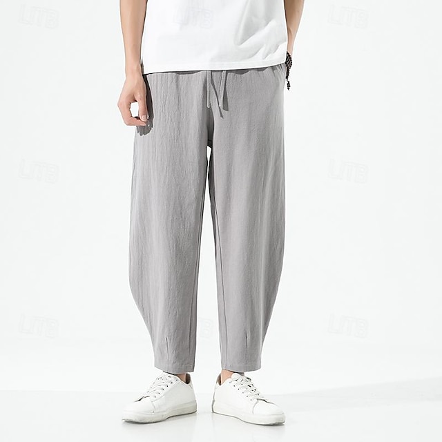  Men's Linen Pants Cropped Pants Carrot Pants Casual Pants Straight Leg Solid Colored Sports Full Length Casual Daily Casual Loose Fit Black Wine Inelastic