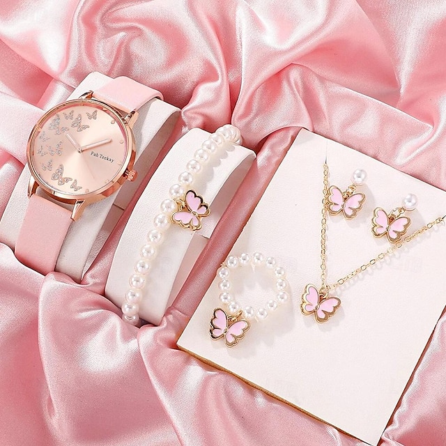  Women Quartz Watch Wristwatch With Jewelry Set Chronograph PU Leather Watch