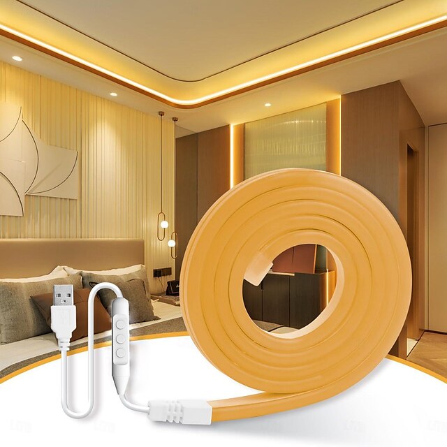  Bande lumineuse néon étanche USB 5 V, 3,3 à 9,8 pieds, boîtier de batterie, alimentation électrique, corde lumineuse 120 LED/m, bande lumineuse LED étanche adaptée aux chambres à coucher, armoires de