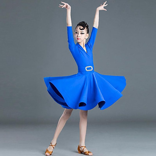  Latin Dance Kids' Dancewear Dress Pure Color Splicing Girls' Performance Training Half Sleeve High Polyester