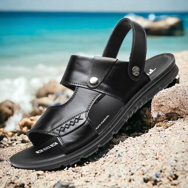  Men's Sandals Leather Sandals Plus Size Slingback Sandals Walking Beach Daily Cowhide PU Waterproof Breathable Wear Proof Loafer Dark Brown Black Summer