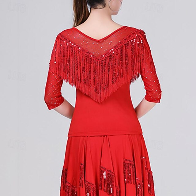Women's Latin Dance Ballroom Dance Skirts Printing Tassel Pure Color Women's Performance High Polyester