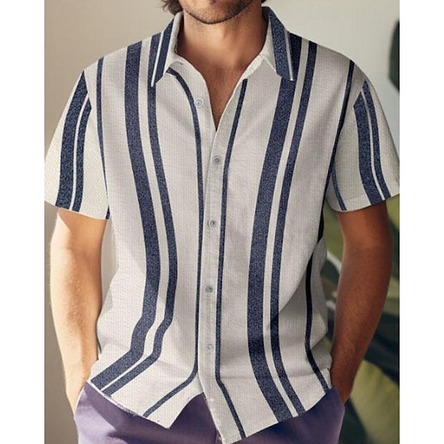  رجالي قميص زر حتى القميص قميص غير رسمي قميص صيفي قميص الشاطئ أزرق كم قصير مخطط طوي ستايل هاواي مناسب للعطلات ملابس موضة كاجوال مريح