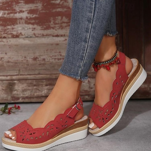  Damen-Keilsandalen mit Cut-outs – bequeme Slingback-Sommerschuhe mit Peep-Toe und gewellten Kanten für die Freizeit, Strandtage und Reisen
