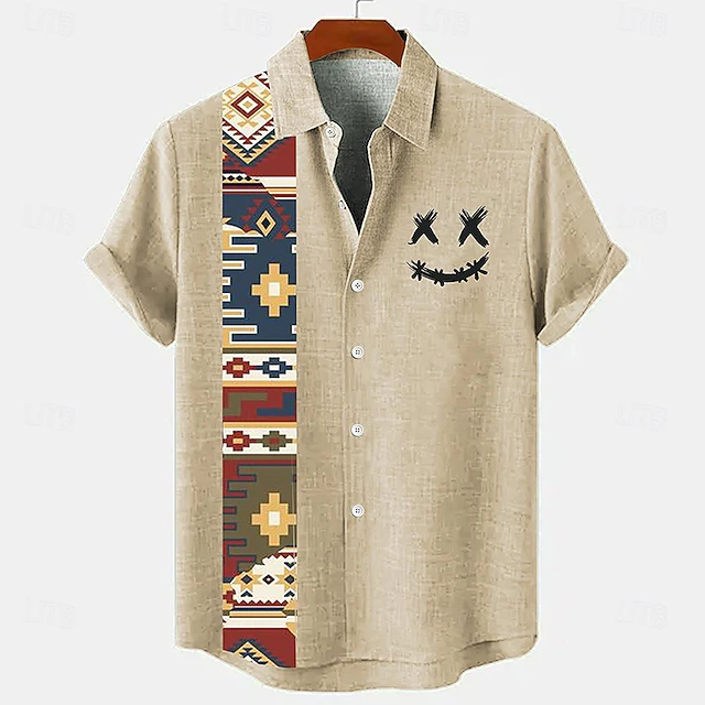 Men's Linen Shirt Retro Shirts Vintage Shirt Ethnic Shirt Smile Face Outdoor Casual Blue Brown Green Short Sleeve Stand Collar Summer Spring Clothing Apparel Print 6