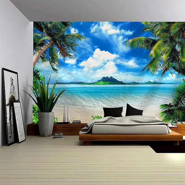 Sunshine Beach Landscape Hanging Tapestry Wall Art Large Tapestry Mural Decor Photograph Backdrop Blanket Curtain Home Bedroom Living Room Decoration 6