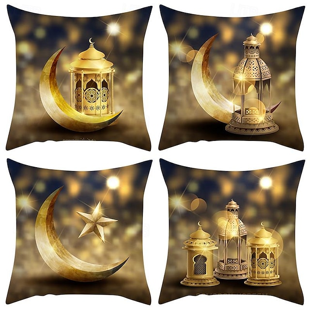  Ramadan Eid Mubarak Decorative Toss Pillows Cover 1PC Soft Square Cushion Case Pillowcase for Bedroom Livingroom Sofa Couch Chair Gold