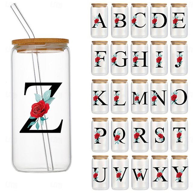  1pc, Letter Flower A - Z Coffee Mug For Office And Home, 16oz Alphabet Glass Cup With Bamboo Lid And Straw, Birthday Gifts For Women, Mom, Best Friend, Bride, Bridesmaid Gift, Frosted Glass Jar, Thanksgiving/ Christmas Gift