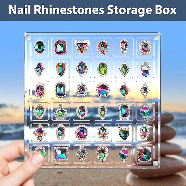  Transparent Magnetic Nail Art Rhinestone Storage Box with 36 Square Compartments: Clear Acrylic Dust-Proof Container for DIY Nail Art