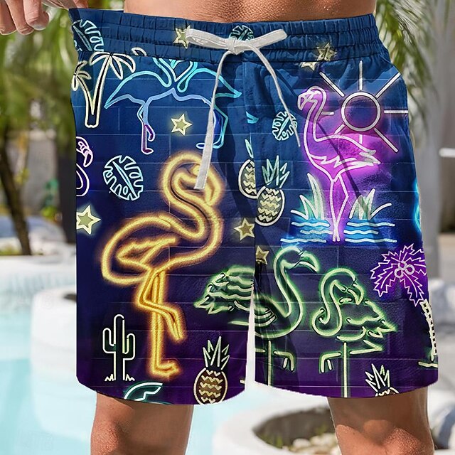 Men's Flamingo 3D Print Neon Swim Shorts Board Shorts Swimming Trunks Mid Waist Fashion Streetwear Designer Casual Daily Holiday Pocket Drawstring Elastic Waist Designer Clothing Apparel4