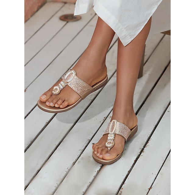  Women's Rose Gold Embellished Slide Sandals - Comfortable Flat Sole with Elegant Rhinestone Details