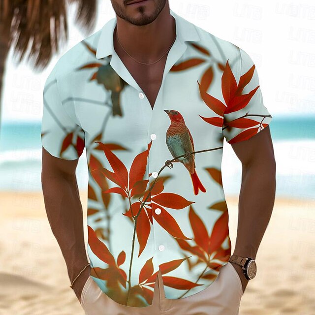 Men's Bird Maple Leaf Tropical Plants Summer Hawaiian Shirt Aloha Shirt Short Sleeves Shirt Turndown Hawaiian Resort Outdoor Vacation Street Green S M L4