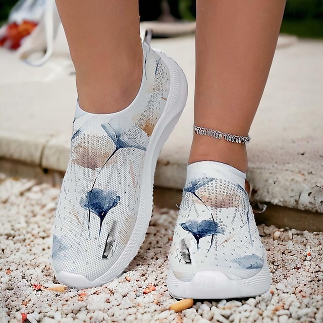  Women's Sneakers Slip-Ons Print Shoes Glitter Crystal Sequined Jeweled Plus Size Party Outdoor Daily Floral Rhinestone Flat Heel Fashion Sporty Casual Tissage Volant Blue Green