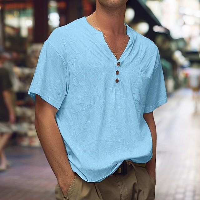  Men's Shirt Henley Shirt Short Sleeve Shirt Tee Top Solid Color Henley Outdoor Street Short Sleeve Button Clothing Apparel Vacation Daily