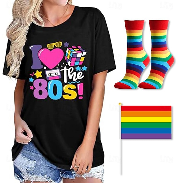  Retro-T-Shirt, Pride-Shirts mit 1 Paar Socken, Regenbogenflaggen-Set „I love the 80's“, Queer- und Lesben-T-Shirt für Paare, Unisex, Erwachsene, Pride-Parade, Pride-Monatsparty, Karneval