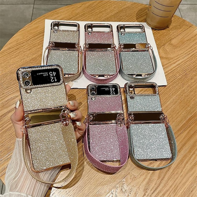  telefoon hoesje Voor Samsung Galaxy Z Flip 5 Z Flip 4 Z Flip 3 Achterkant met polsband Bling glitter glanzend Schokbestendig Overtrekken PC Metaal