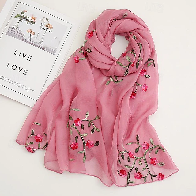 Women's Scarf Cherry Blossom Print Lightweight Soft Pink Floral Breathable Casual Office Evening One Size Fits All Spring Autumn Accessories 6
