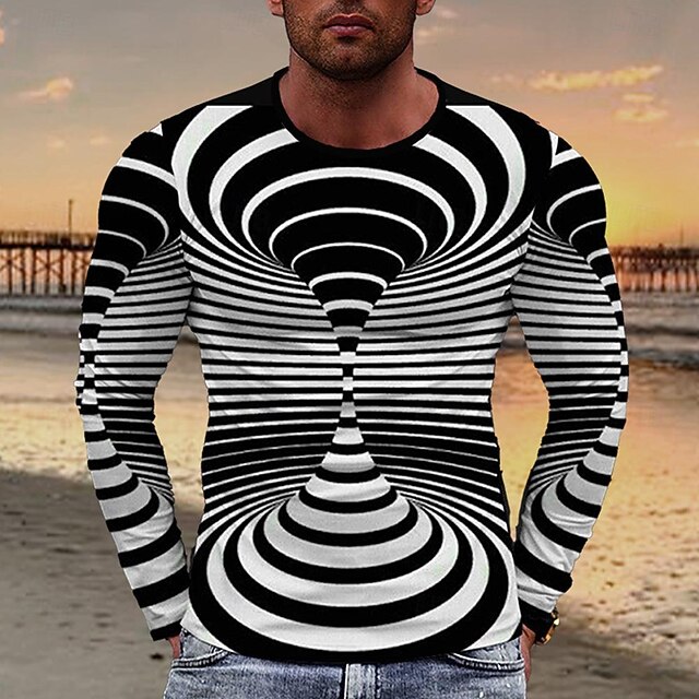 Men's Geometric Spiral Stripe T Shirt Long Sleeve T shirt 3D Print Crew Neck Shirt Fashion Exaggerated Designer Party Street Going out Black And White Summer Spring Clothing Apparel S M L XL XXL XXXL4