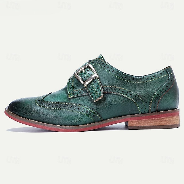  Women's  Green Leather Monk Strap Shoes Classic Brogue Elegant Vintage