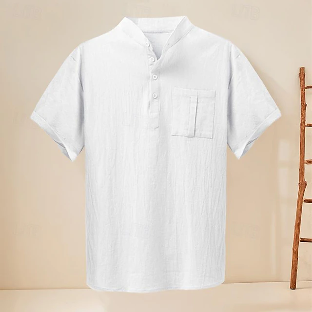 Men's Shirt Chinese Collar Shirt Mandarin Collar Shirt Popover Shirt Casual Shirt Cotton Shirt Plain Vacation Street Black White Yellow Blue Short Sleeve Henley Summer Clothing Apparel Button-Down 12