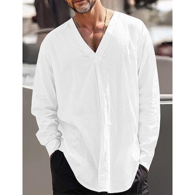  Męskie Koszula lniana koszula Letnia koszula Koszula plażowa Czarny Biały Rumiany róż Długi rękaw Jednokolorowe W serek Ulica Codzienny Odzież Z marszczeniami