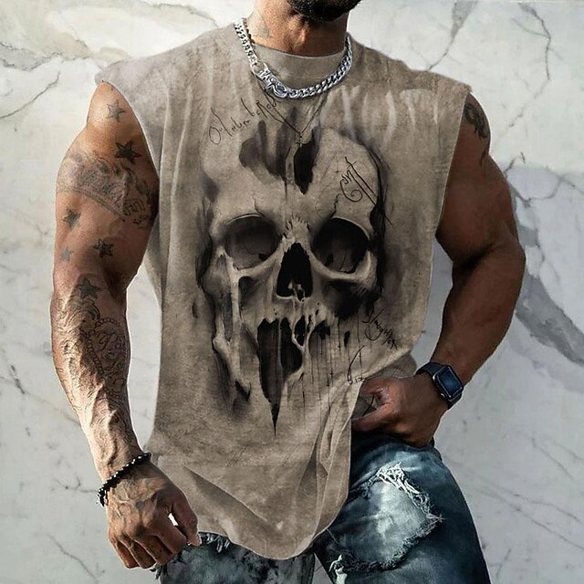 Men's Graphic Skull T Shirt Short Sleeve T shirt 3D Print Crew Neck Shirt Sports Fashion Retro Vintage Street Sports Outdoor Casual Khaki Summer Spring Clothing Apparel S M L XL 2XL 3XL4