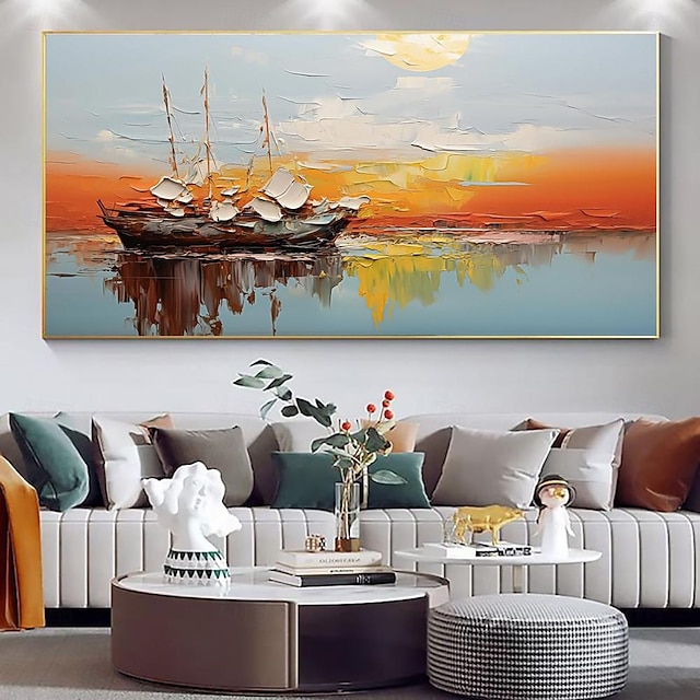  handgemaakte olieverf canvas kunst aan de muur decoratie moderne abstracte zee zonsondergang zeilboot landschap voor woonkamer home decor gerold frameloos ongerekt schilderij