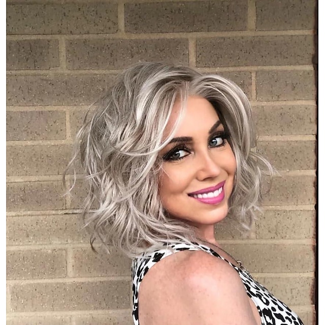  Perruques bob ondulées blondes cendrées pour femmes vague de plage courte perruque bob partie libre perruque synthétique bouclée naturelle pour un usage quotidien de fête