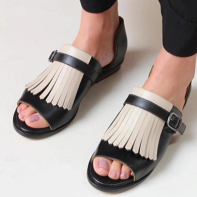 Women's Black and Beige Fringe Sandals – Open-Toe Faux Leather Flats with Adjustable Buckle for Casual and Summer Outfits 9