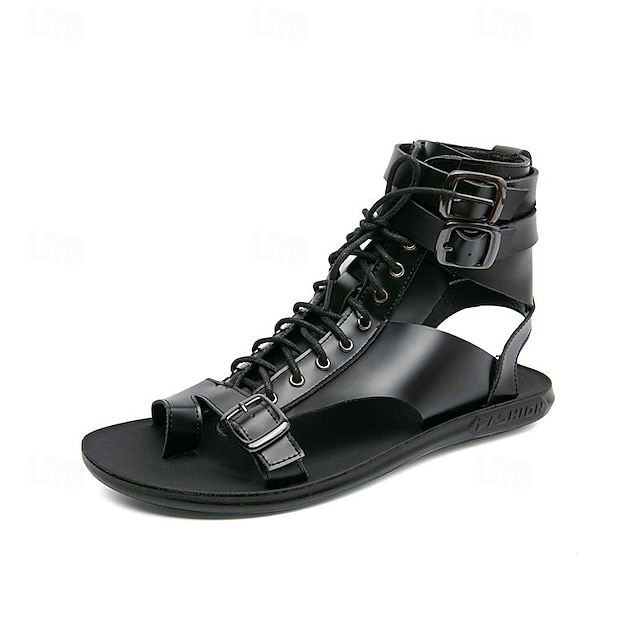  男性用 サンダル レザーサンダル ローマの靴 クラシック カジュアル ビーチスタイル アウトドア 日常 ＰＵレザー 靴紐 ブラック 夏