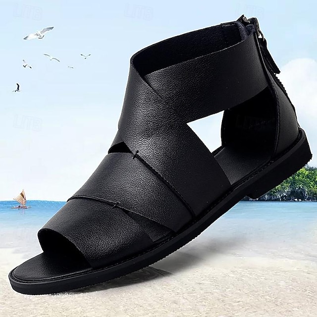  mænds lædersandaler gladiatorsandaler romerske sandaler komfort afslappet strand lynlås sko sort sommer