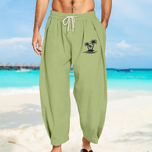  Bărbați Pantaloni de in Pantaloni Pantaloni de vară Pantaloni de plajă Pantaloni harem Buzunar Cordon Talie elastică Copac de cocos Confort Respirabil Zilnic Concediu Vacanță Hawaiană Boho Verde