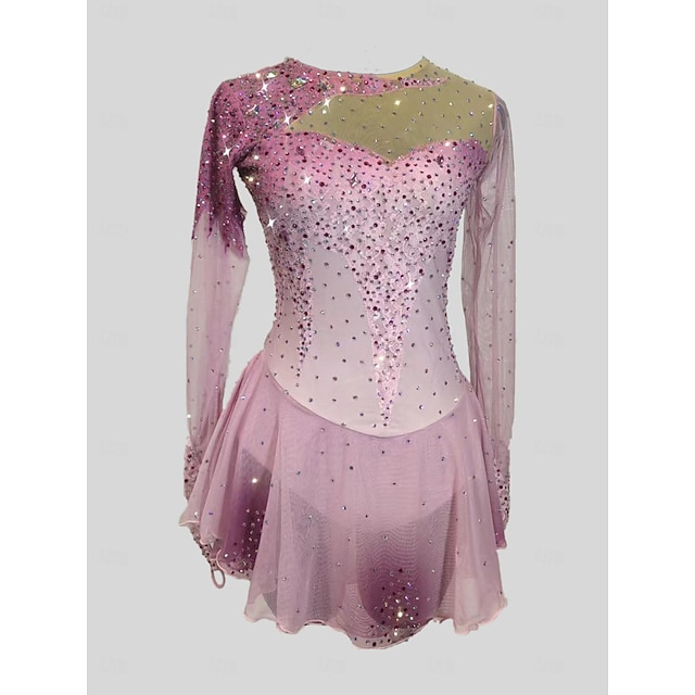  Robe de Patinage Artistique Femme Fille Patinage Robes Rose Patchwork Trou de pouce Maille Spandex Elastique Entraînement Professionnel Compétition Tenue de Patinage Chaud Cristal / Stras manche