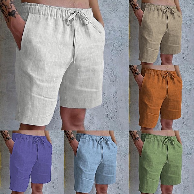  Herr Shorts Linne Shorts Sommarshorts Ficka Snörning Elastisk midja Slät Komfort Andningsfunktion Kort Ledigt Helgdag Utekväll Mode Streetwear Svart Vit