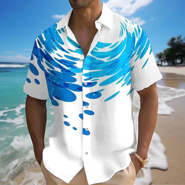 Men's Waves Ocean Button Up Shirt Short Sleeve Hawaiian Casual Resort Outdoor Casual Holiday Summer Spring Turndown Print White4