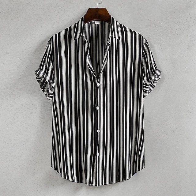 Men's Shirt Summer Shirt Casual Shirt Beach Shirt Button Up Shirt Striped Shirts Black Navy Blue Short Sleeve Stripes Turndown Vacation Hawaiian Clothing Apparel Cotton Cotton Blend Fashion Casual 8