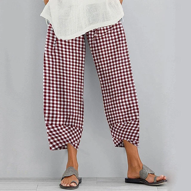 Women's Pants Trousers Casual Daily Ankle-Length Plaid Side Pockets Breathability Comfortable Inelastic Going out Weekend Black Red Blue Spring & Summer Regular Fit 7