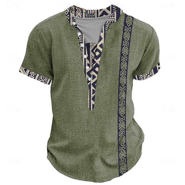 Men's Tribal Bandana Print T Shirt Henley Shirt Short Sleeve 3D Print Designer Ethnic Vacation Casual Daily Summer Spring Heather Gray Green Khaki Henley Henley T-Shirt 6