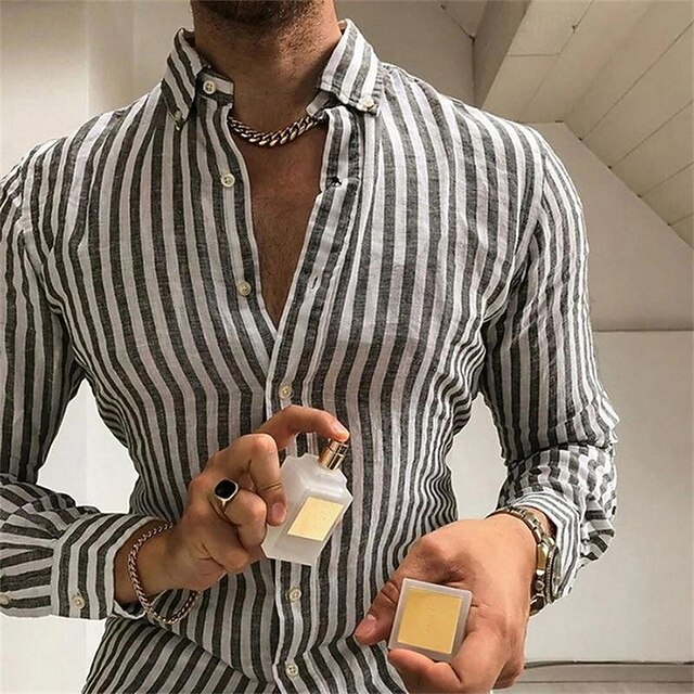 Men's Shirt Summer Shirt Casual Shirt Beach Shirt Button Up Shirt Striped Shirts Blue Gray Long Sleeve Stripes Turndown Vacation Hawaiian Button-Down Clothing Apparel Polyester Fashion Casual3