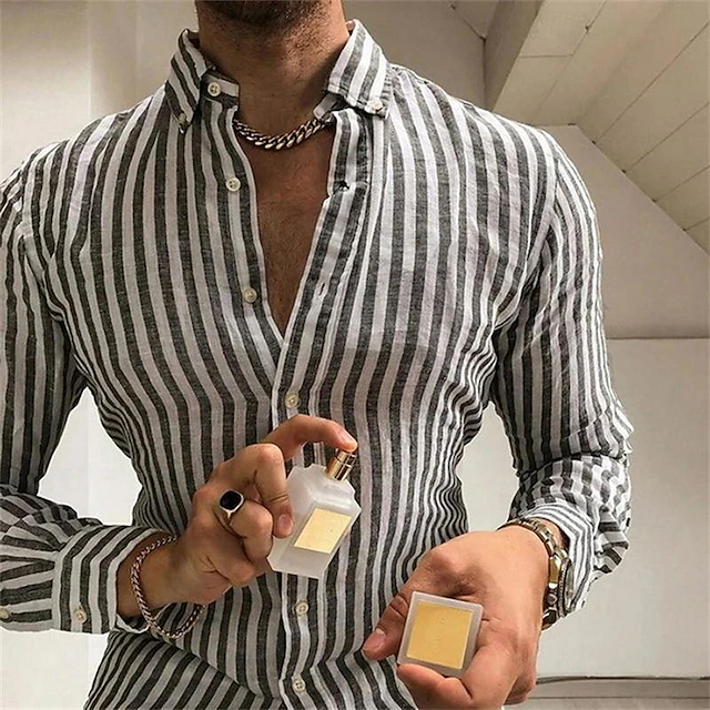 Men's Shirt Summer Shirt Casual Shirt Beach Shirt Button Up Shirt Striped Shirts Blue Gray Long Sleeve Stripes Turndown Vacation Hawaiian Button-Down Clothing Apparel Polyester Fashion Casual3