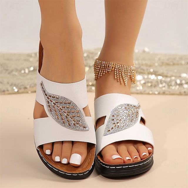  Women's Sandals Slippers Wedge Sandals Vacation Travel Leaves Rhinestone Wedge Vacation Fashion Comfort Faux Leather Loafer Black White Red